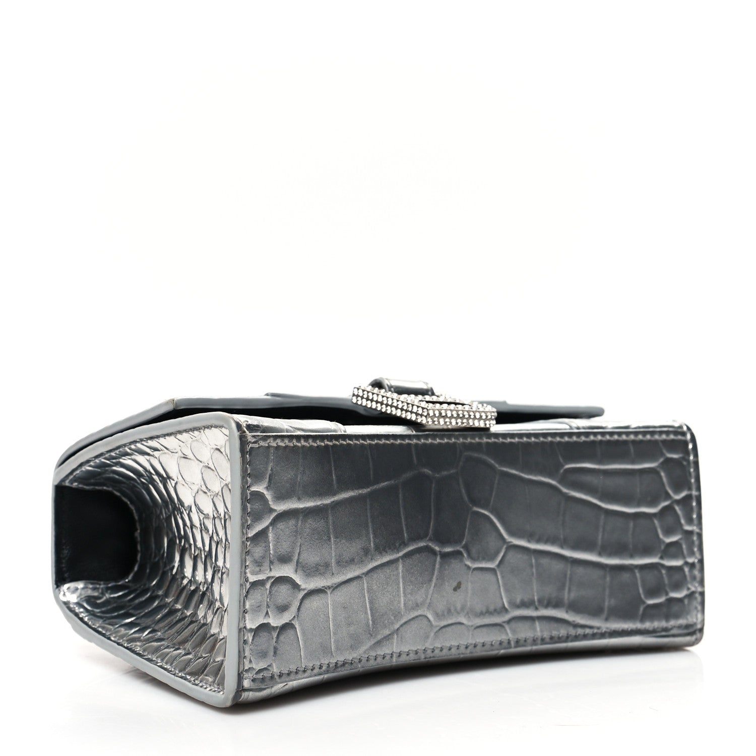 Balenciaga Metallic Calfskin Crocodile Embossed Crystal Hourglass Top Handle Bag XS Silver 4 of 12