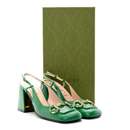 Gucci Malaga Kid Horsebit 75mm Slingback Pumps 39 New Shamarock 10 of 10