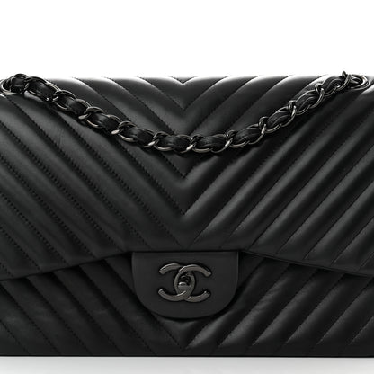 Chanel Lambskin Chevron Quilted Jumbo Double Flap So Black 8 of 10
