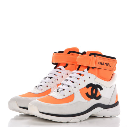 Chanel Suede Calfskin Lambskin Neoprene High Top CC Sneakers 37 White Fluo Orange 3 of 12