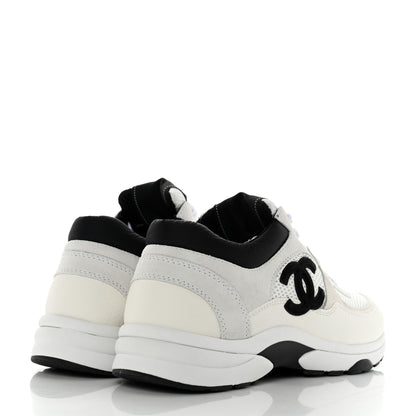 Chanel Mesh Suede Calfskin Grained Calfskin Womens CC Sneakers 38.5 White Black 4 of 9
