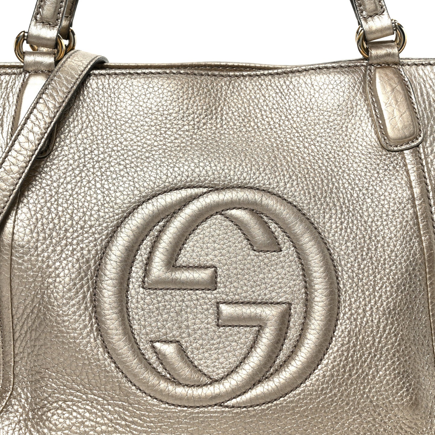Metallic Pebbled Calfskin Small Soho Top Handle Bag Golden Beige