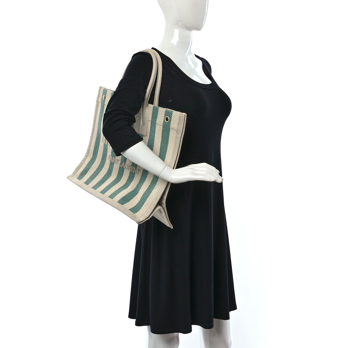 Cotton Linen Calfskin Striped Rive Gauche Tote Water Green