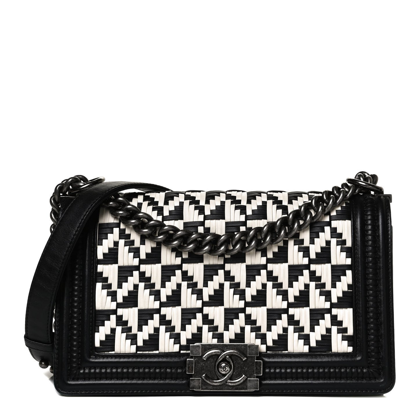 Calfskin Woven Medium Boy Flap Black White