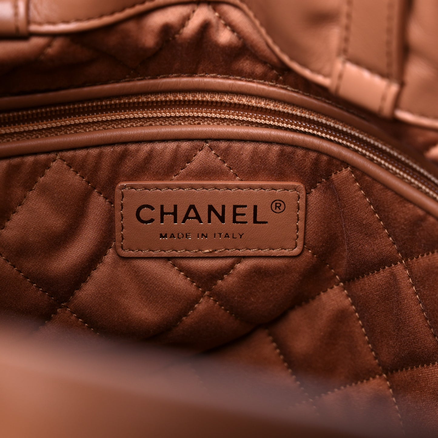 Shiny Calfskin Quilted Chanel 22 Backpack Camel