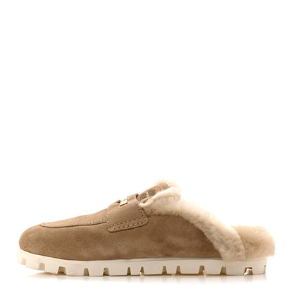 Miu Miu Suede Shearling Mules 37.5 Beige Khaki 1 of 9