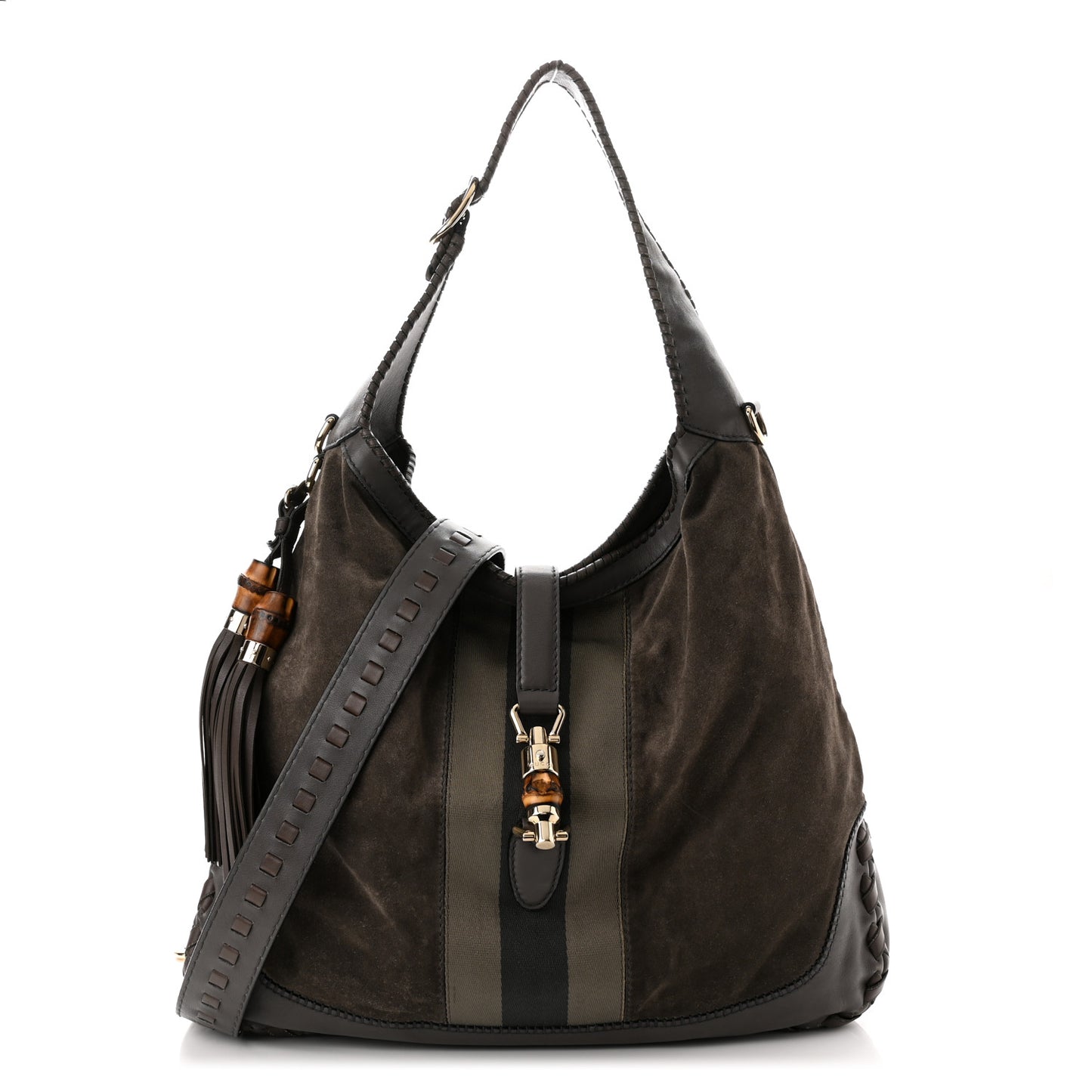 Calfskin Suede Large New Jackie Web Shoulder Bag Grey