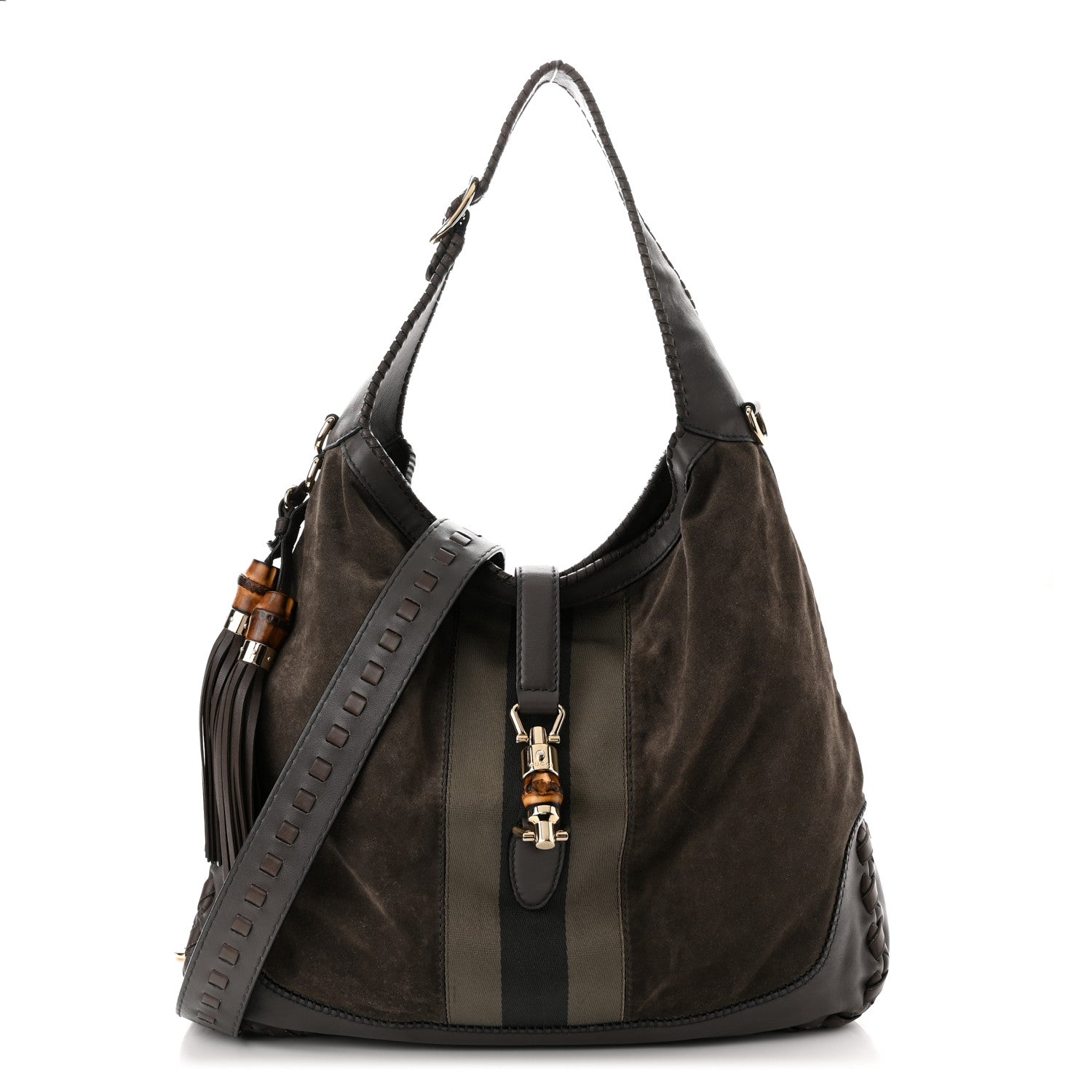 Gucci Calfskin Suede Large New Jackie Web Shoulder Bag Grey 1 of 10