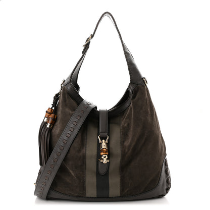 Gucci Calfskin Suede Large New Jackie Web Shoulder Bag Grey 1 of 10