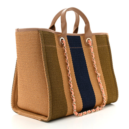 Chanel Straw Raffia Calfskin Striped Medium Deauville Tote Khaki Beige Navy Blue 3 of 11
