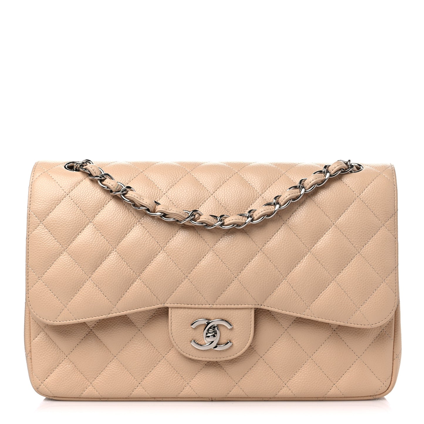 Caviar Quilted Jumbo Double Flap Beige Clair