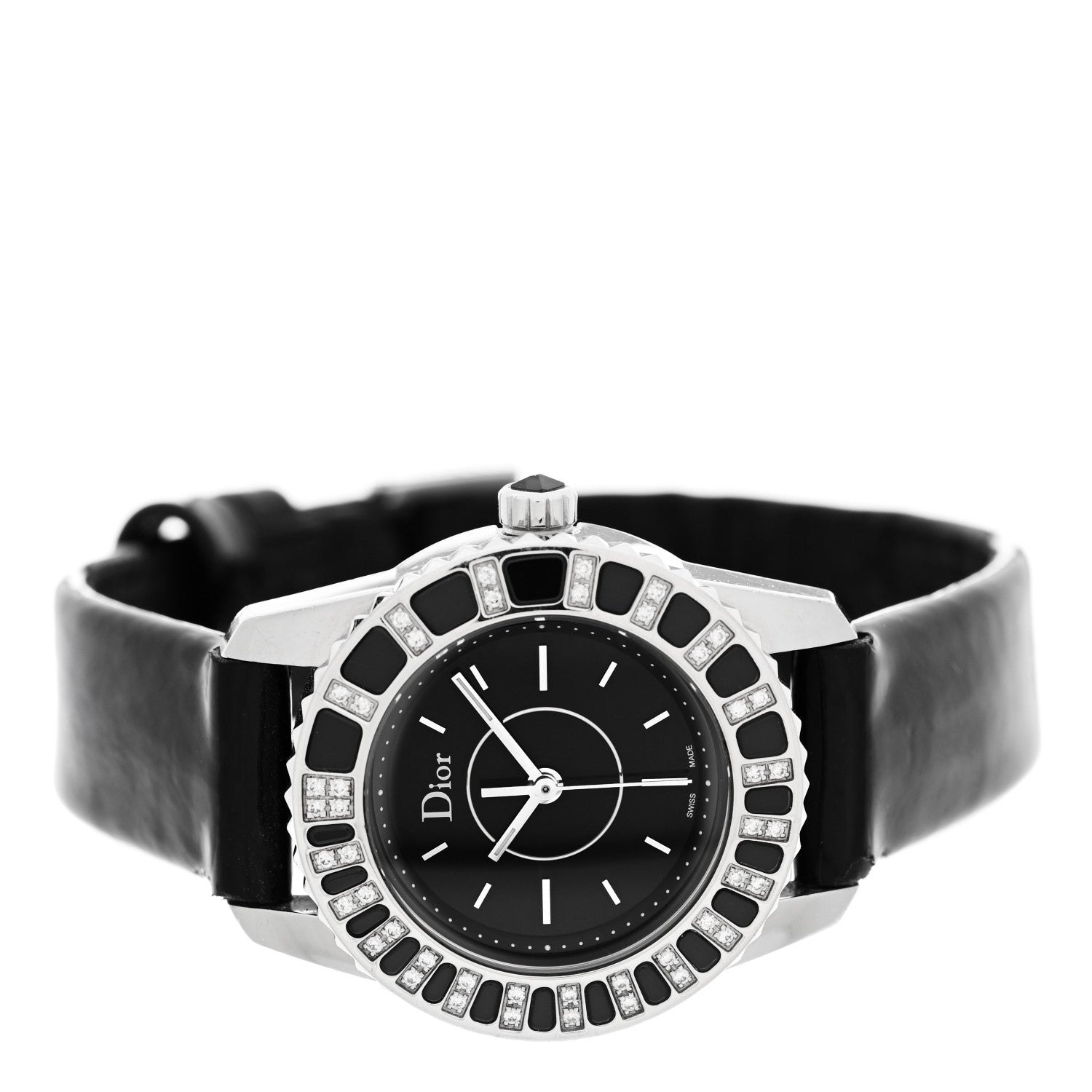 Christian Dior Stainless Steel Patent Diamond Sapphire 28mm Christal Quartz Watch Black 2 of 7