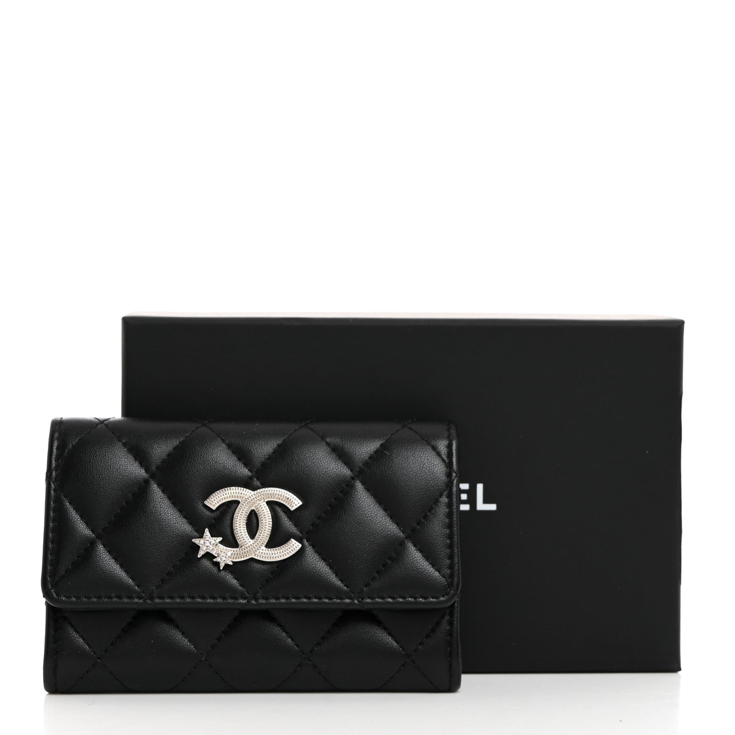 Lambskin Quilted Flap Crystal Star Card Holder Wallet Black
