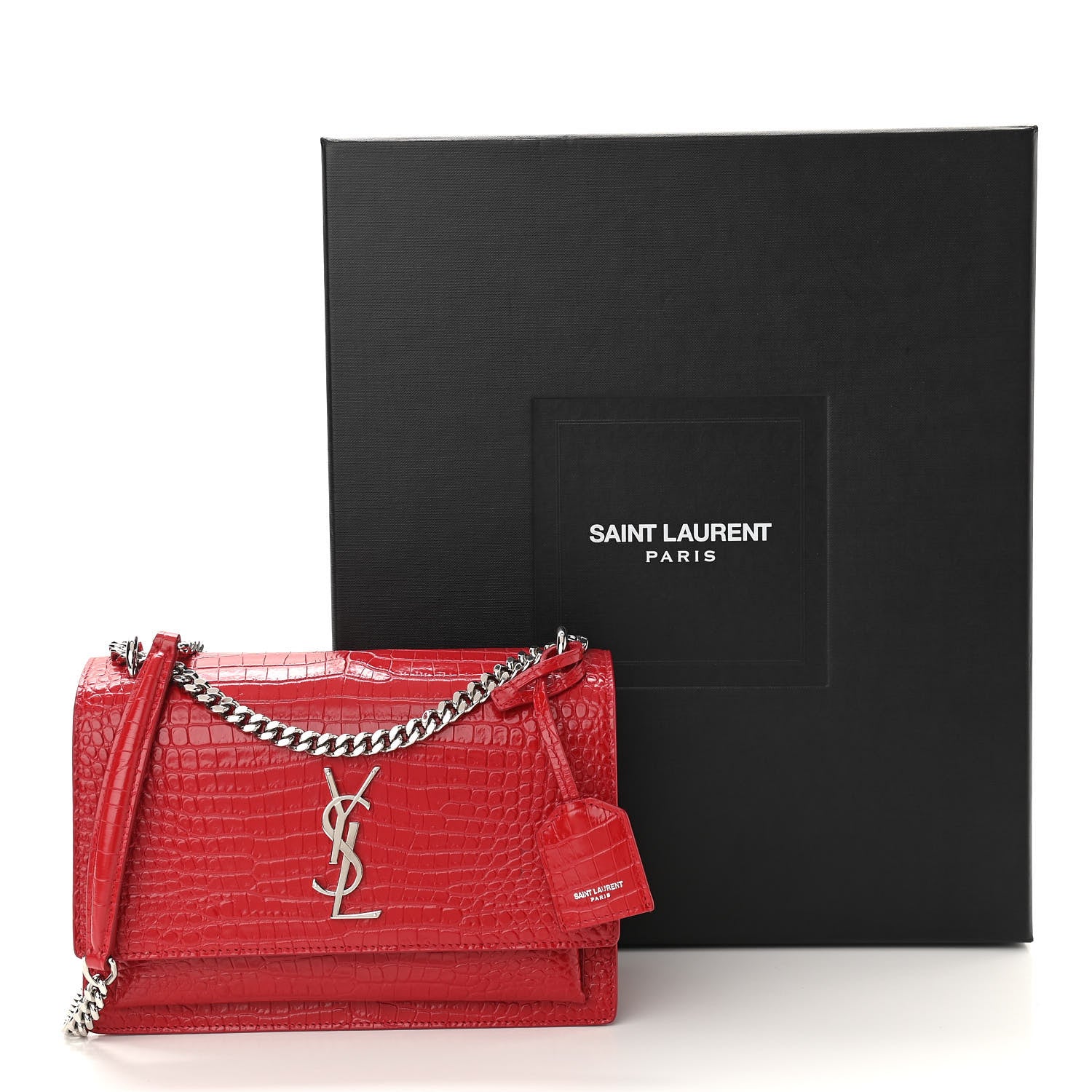 Saint Laurent Calfskin Crocodile Embossed Medium Monogram Sunset Rouge Eros 9 of 9