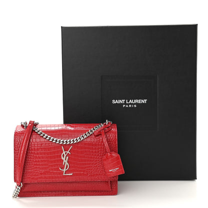 Saint Laurent Calfskin Crocodile Embossed Medium Monogram Sunset Rouge Eros 9 of 9