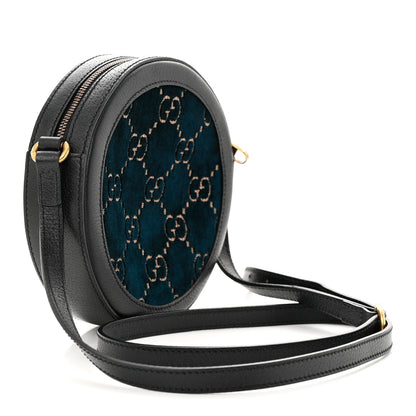 Gucci Velvet Calfskin GG Monogram Round Shoulder Bag Blue Beige 3 of 10