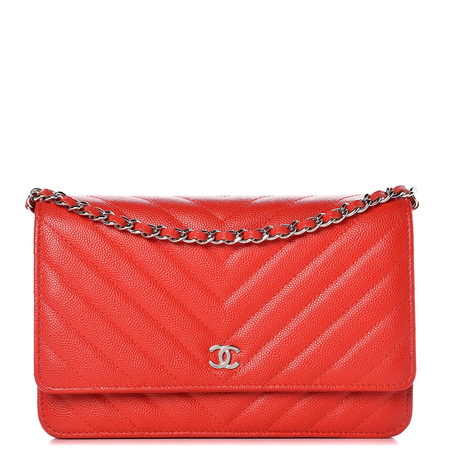 Chanel Caviar Chevron Quilted Wallet On Chain WOC Red 1 of 9