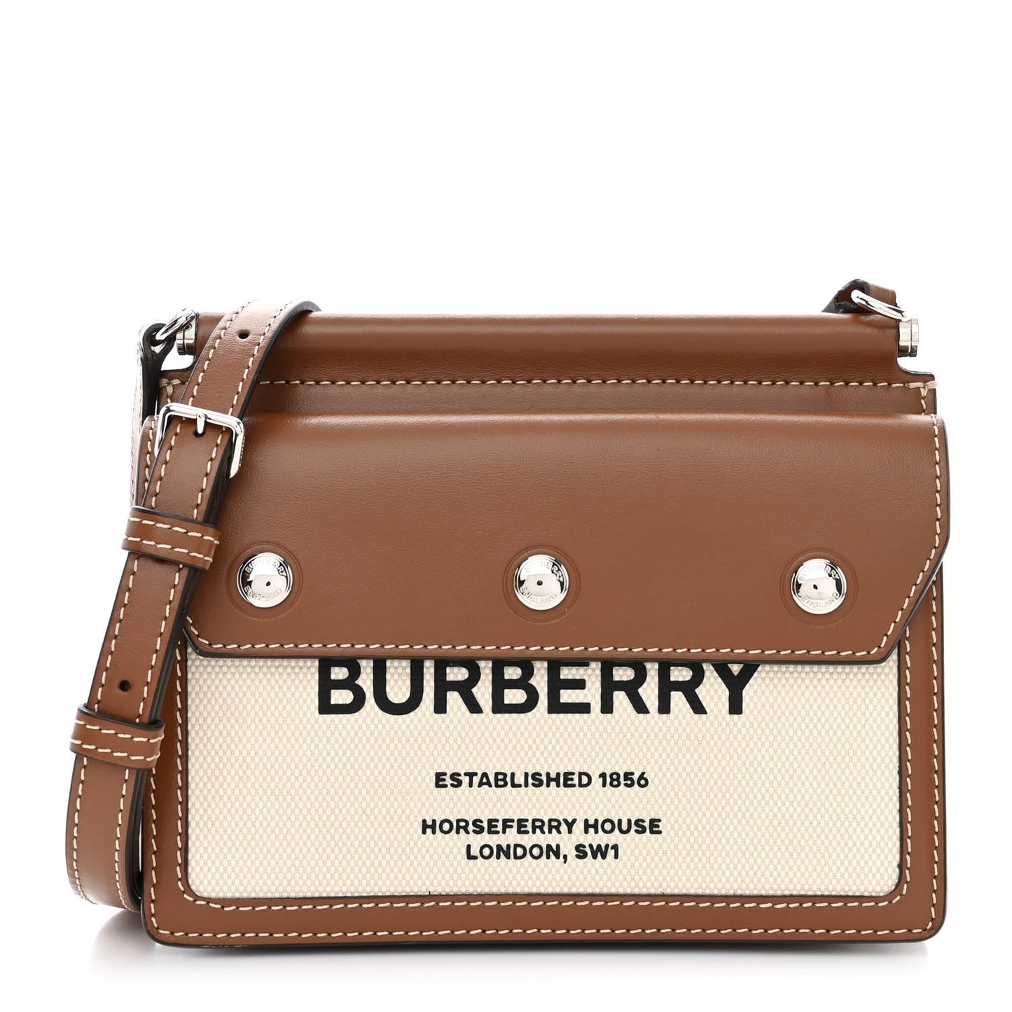 Smooth Calfskin Canvas Horseferry Print Mini Title Bag with Pocket Natural Malt Brown