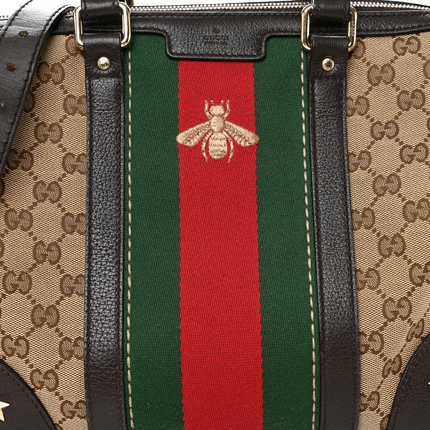 Gucci Monogram Vintage Web Medium Webby Bee Boston Dark Brown