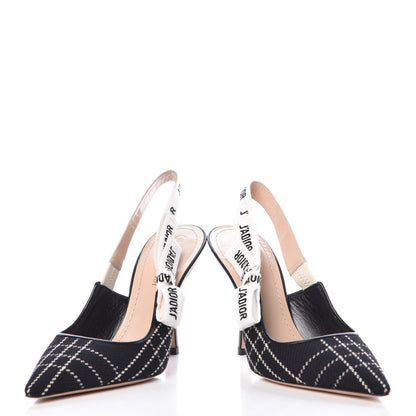 Christian Dior Fabric Ribbon Tartan Plaid J'Adoir Slingback 100mm Pumps 37.5 Black White 5 of 11
