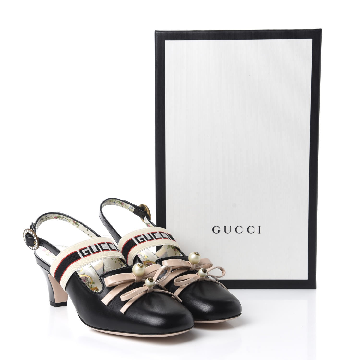 Gucci Malaga Kid Bow Ace Stripe Mid Heel Slingback Pumps 38 Black 10 of 10