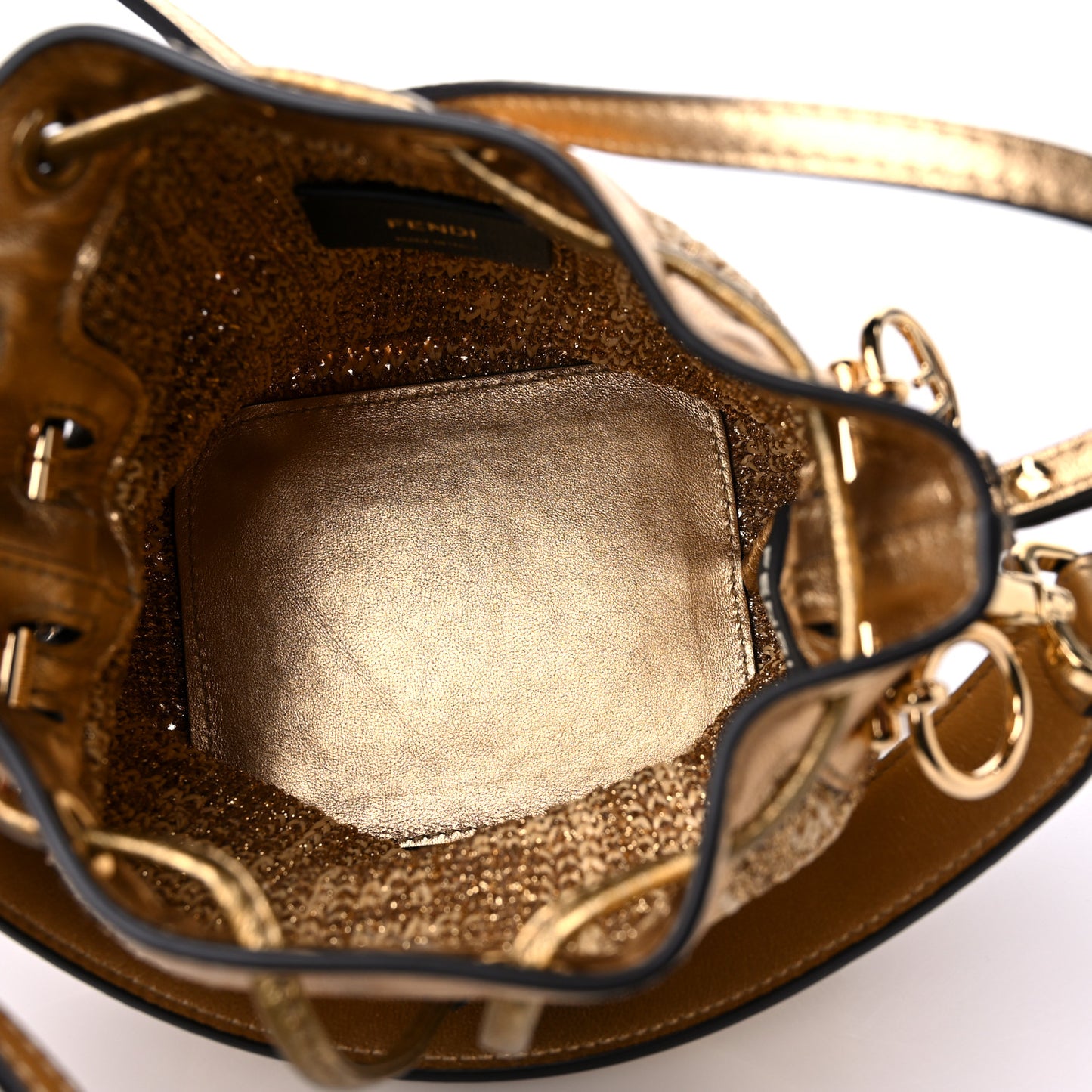 Raffia Lurex Vitello Laminato F is Fendi FF Crochet Mini Mon Tresor Bucket Bag Natural Oro