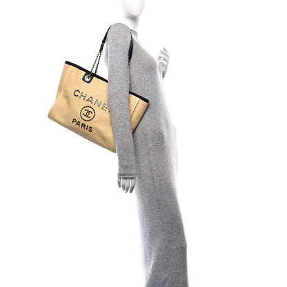 Chanel Straw Raffia Calfskin Chain Small Deauville Tote Beige Black 3 of 10