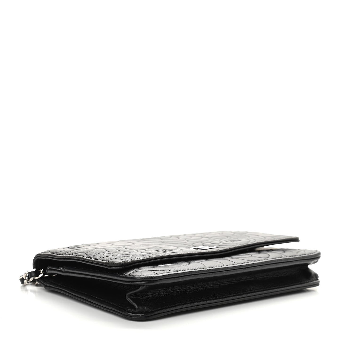 Lambskin Camellia Embossed Wallet on Chain WOC Black