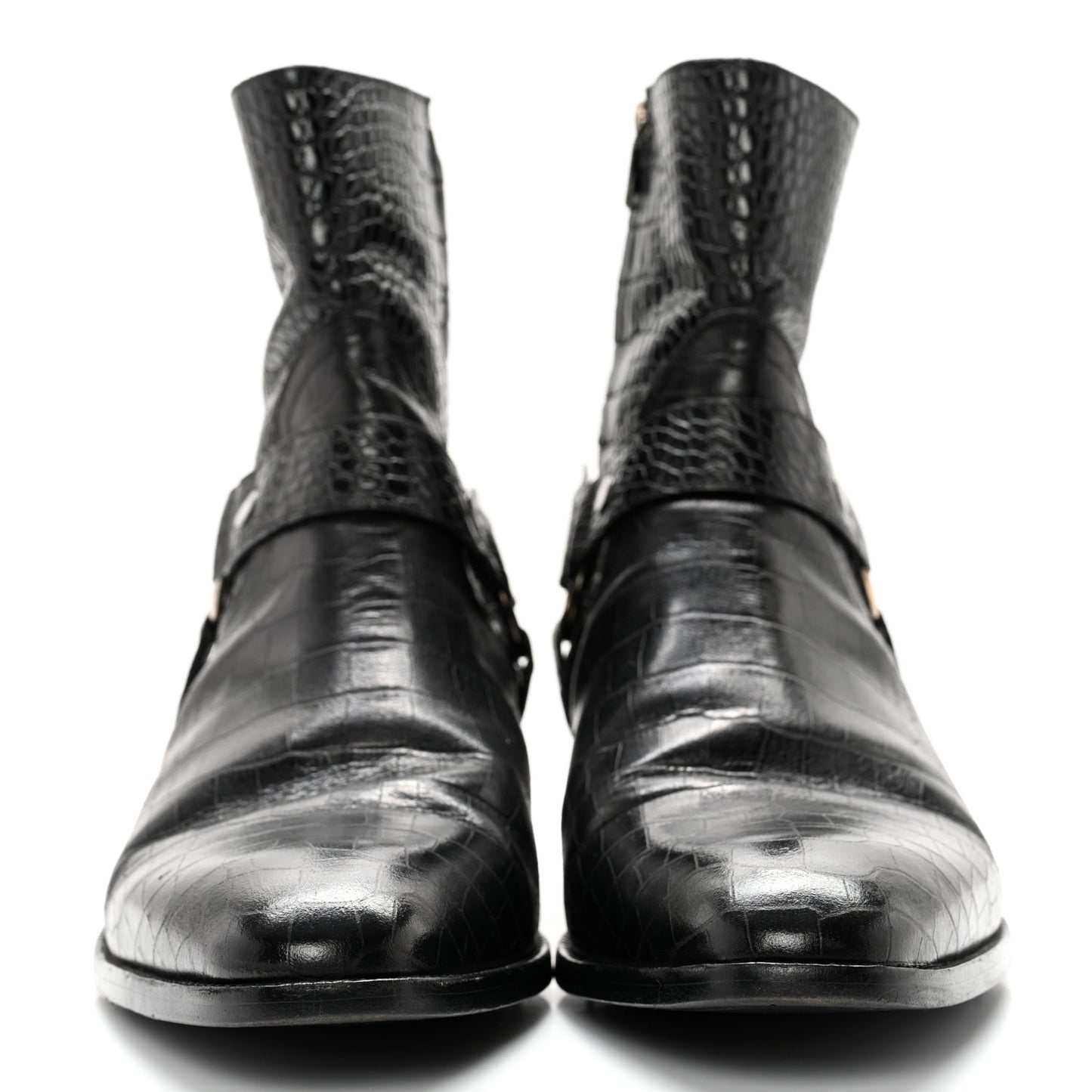 Calfskin Crocodile Embossed Mens Wyatt Harness Boots 44 Black