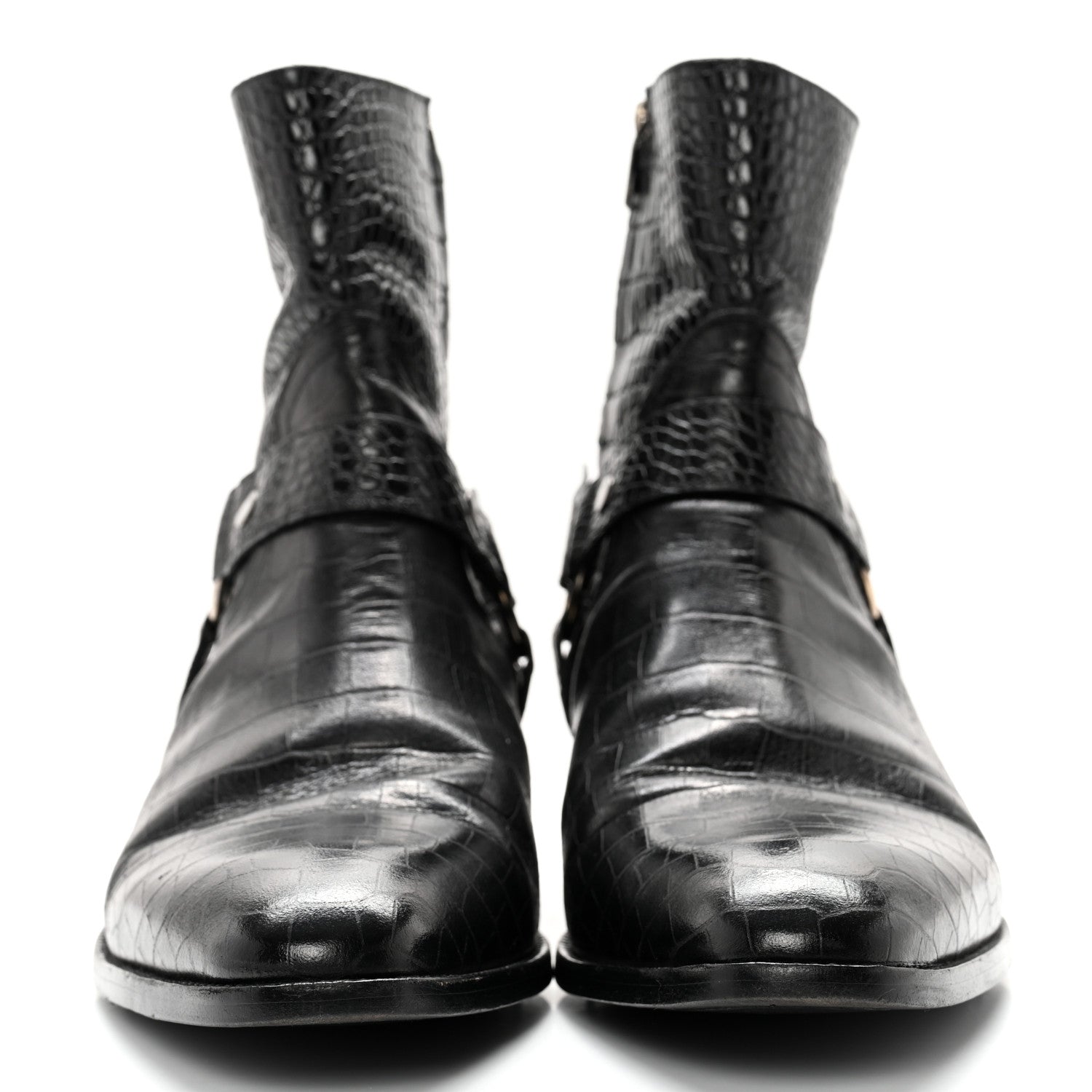 Saint Laurent Calfskin Crocodile Embossed Mens Wyatt Harness Boots 44 Black 2 of 11