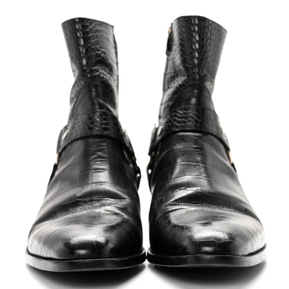 Saint Laurent Calfskin Crocodile Embossed Mens Wyatt Harness Boots 44 Black 2 of 11