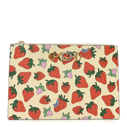 Gucci Calfskin Strawberry Print Zumi Pouch Ivory Red 1 of 8