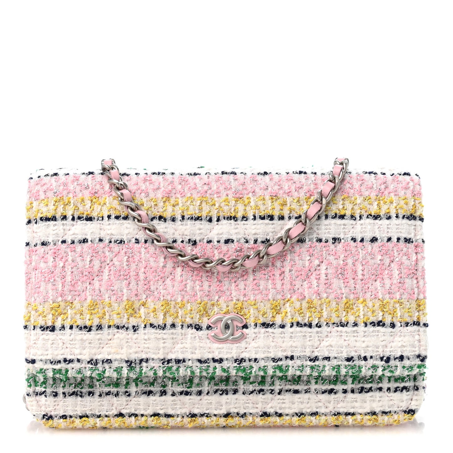 Metallic Tweed Quilted Wallet On Chain WOC White Multicolor