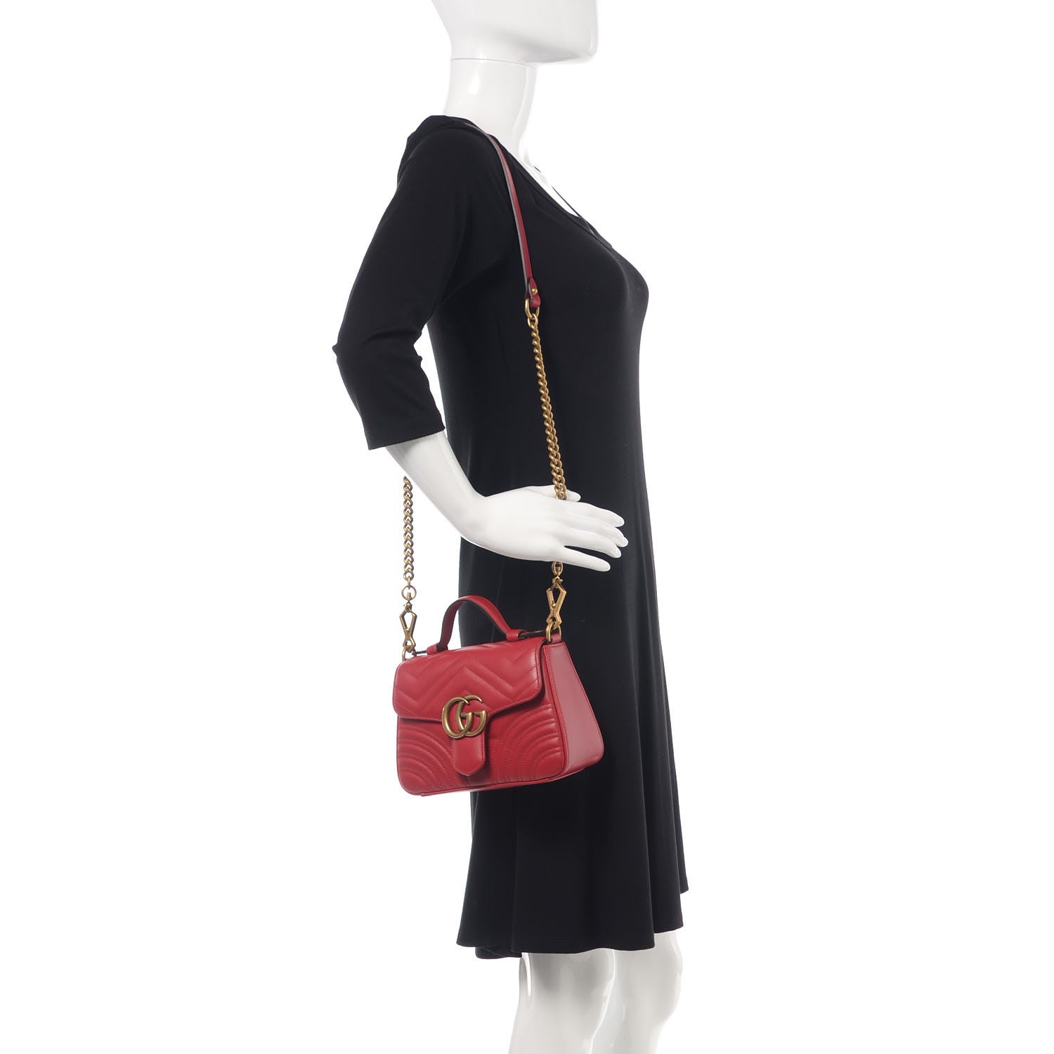 Gucci Calfskin Matelasse Mini GG Marmont Top Handle Shoulder Bag Hibiscus Red 2 of 12