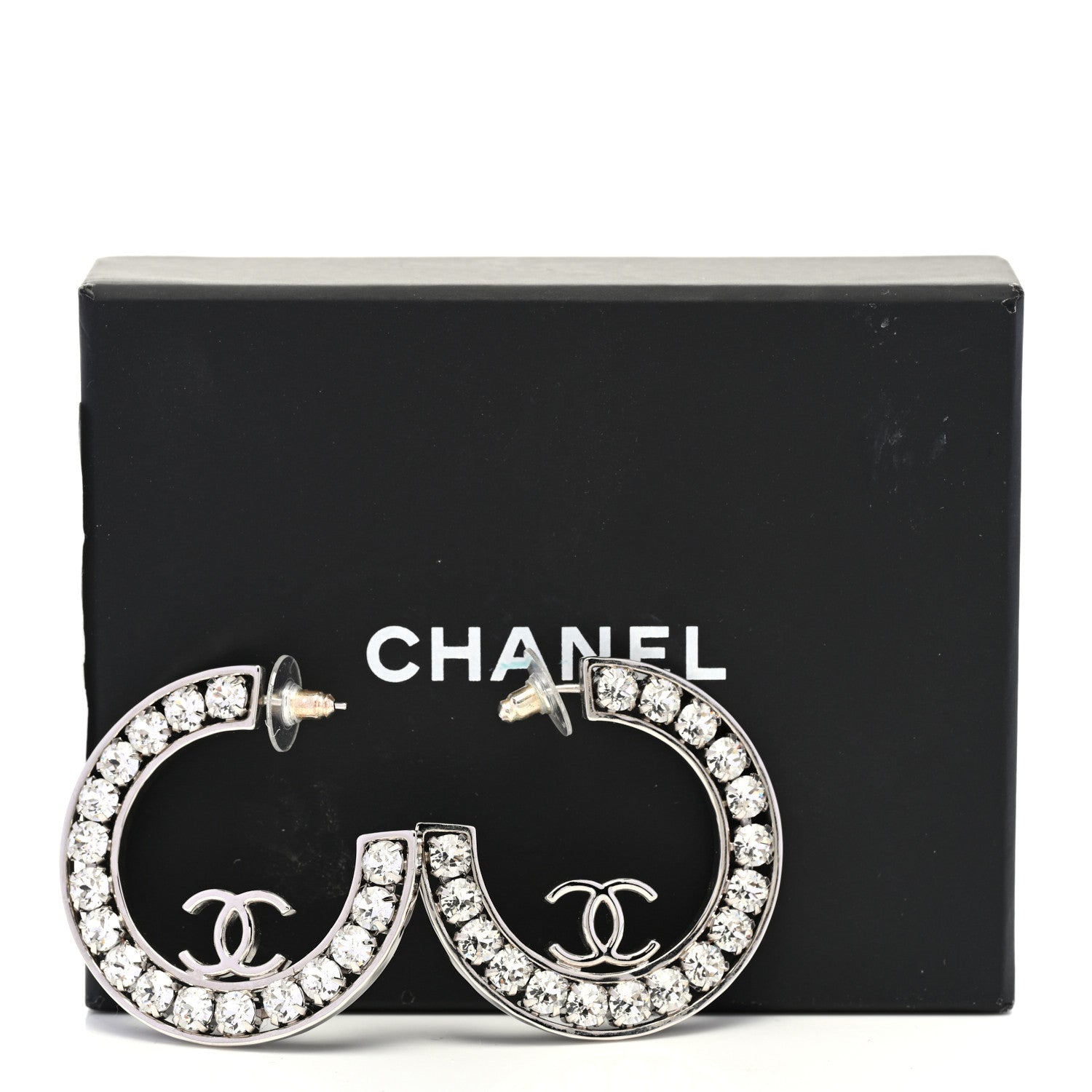 Chanel Metal Crystal CC XL Hoop Earrings Silver 5 of 5
