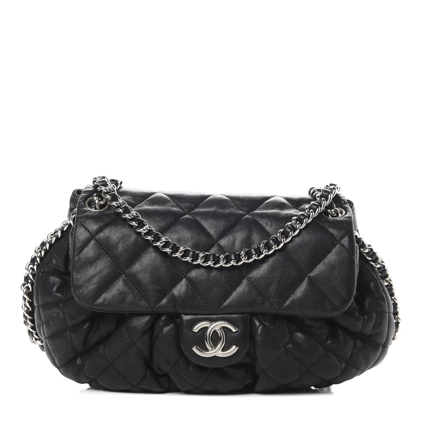 Washed Lambskin Quilted Medium Chain Around Messenger Black
