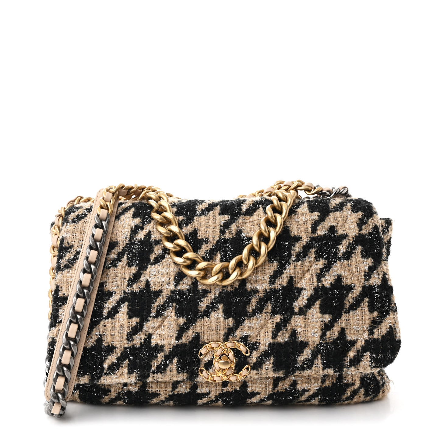 Tweed Maxi Chanel 19 Flap Beige Black