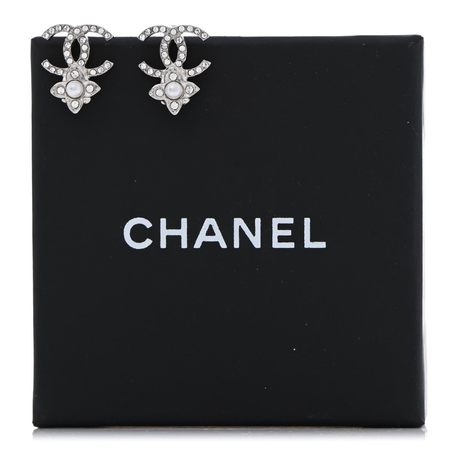 Chanel Crystal Pearl Flower CC Earrings Silver 5 of 5