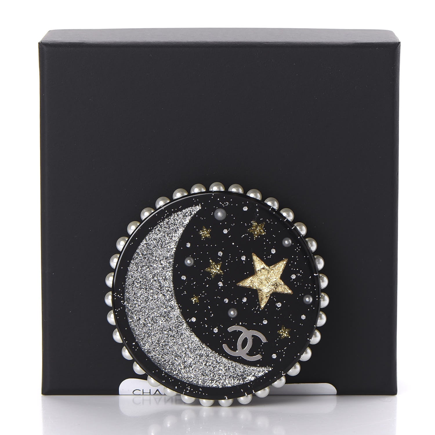 Chanel Glittered Resin Crystal Pearl CC Moon Pin Brooch Black Gold Silver 5 of 5