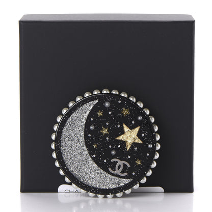 Chanel Glittered Resin Crystal Pearl CC Moon Pin Brooch Black Gold Silver 5 of 5