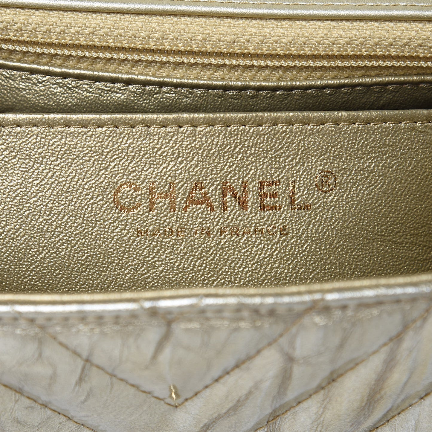 Patent Metallic Crumpled Calfskin Chevron Quilted Mini Rectangular Flap Gold