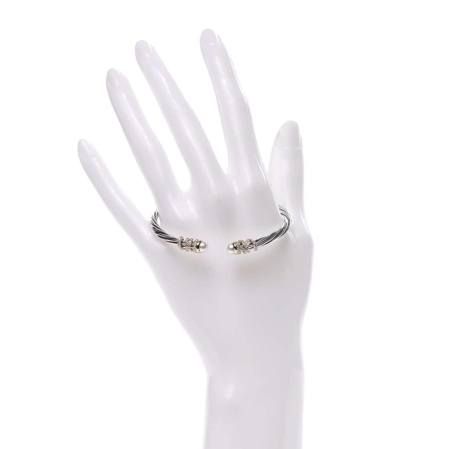 David Yurman Sterling Silver 18K Yellow Gold Diamond Pearl Helena Cuff Bracelet 2 of 6