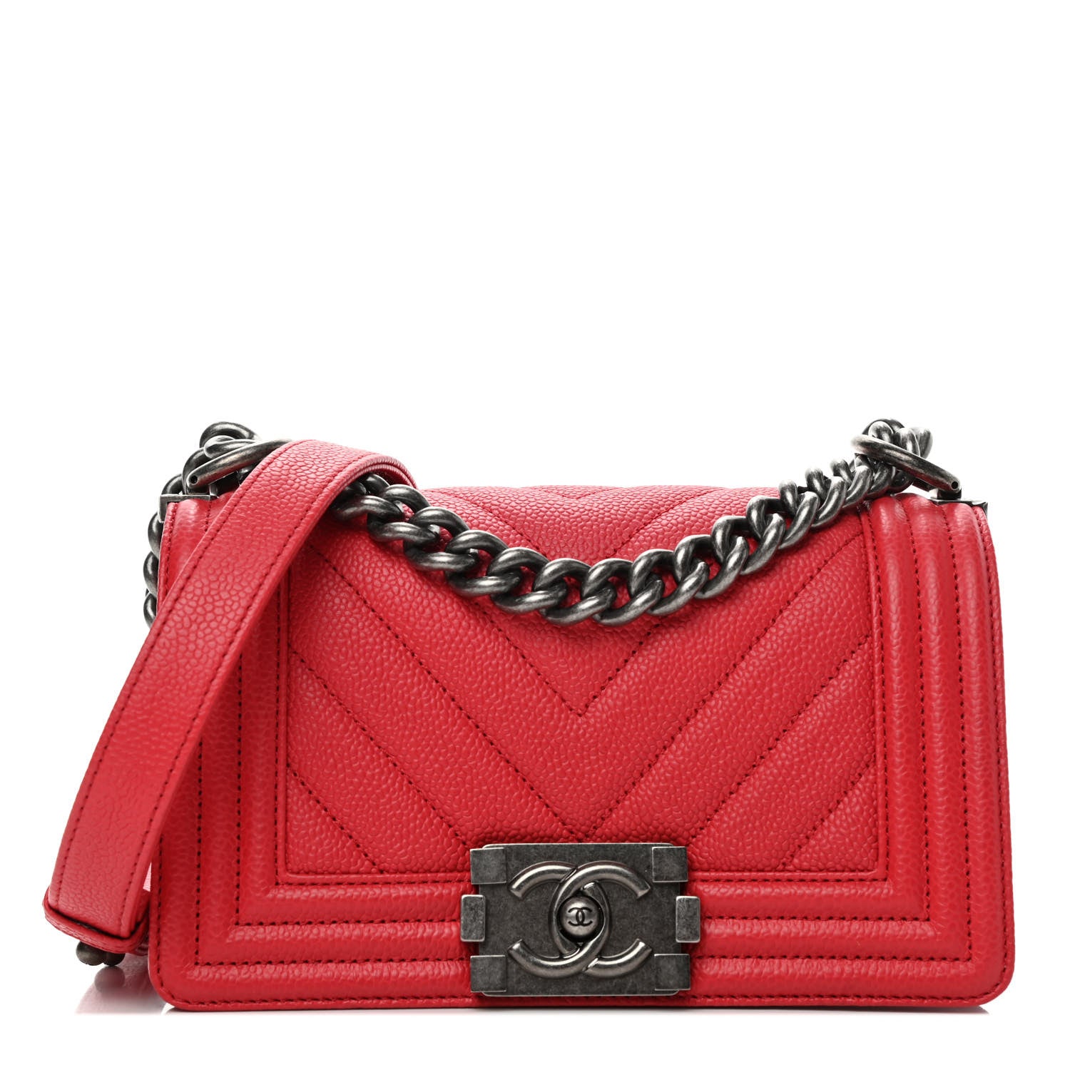 Chanel Caviar Chevron Quilted Small Boy Flap Red 1 of 4