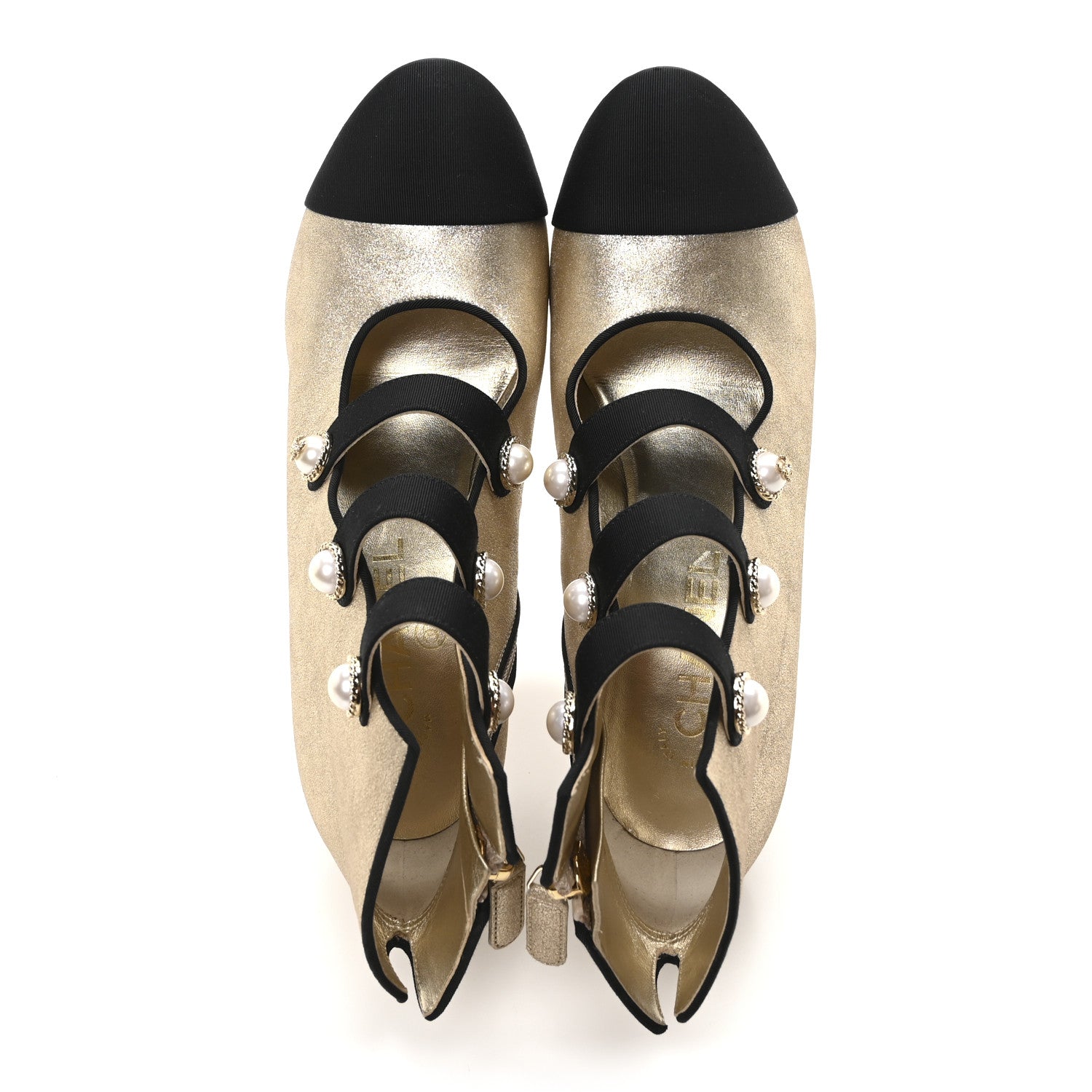 Chanel Metallic Calfskin Grosgrain Cap Toe Pearl Ankle Boots 36.5 Gold 2 of 8