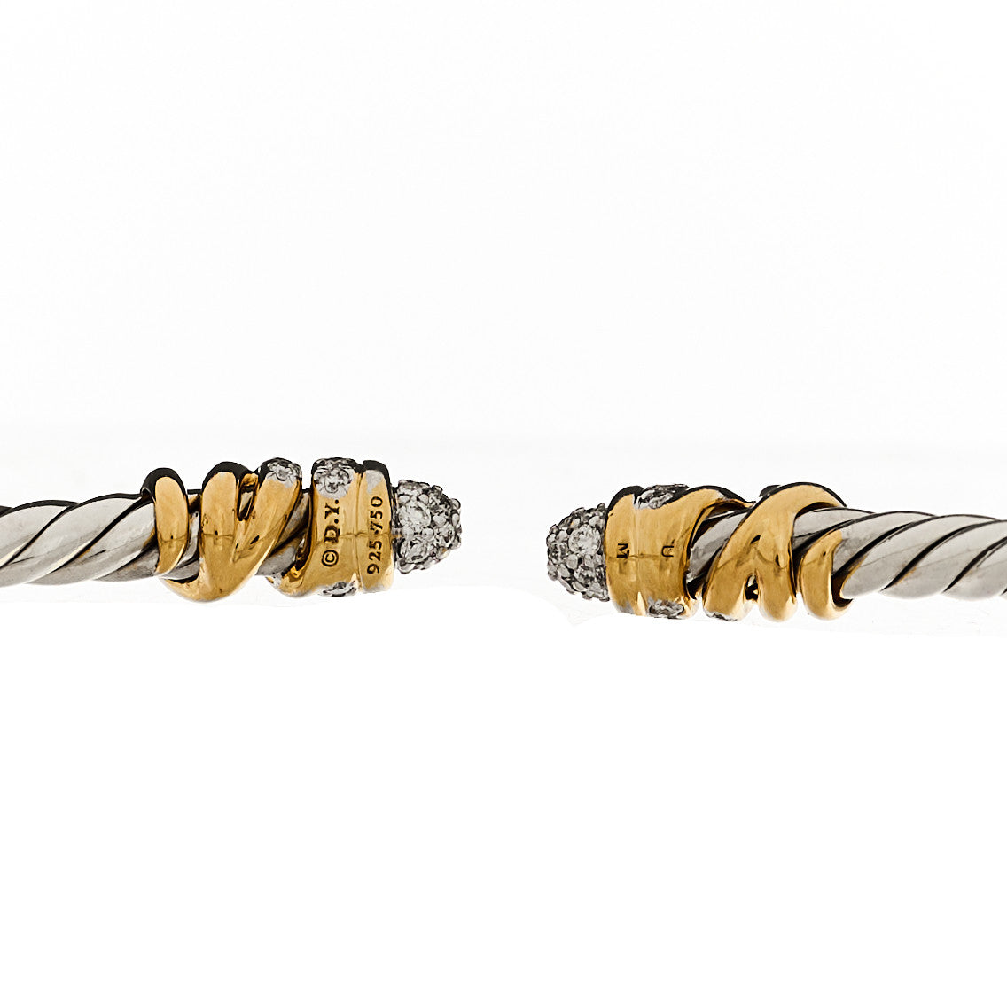 David Yurman Sterling Silver 18K Yellow Gold Diamond 3mm Petite Helena Classic Cable Cuff Bracelet 3 of 4
