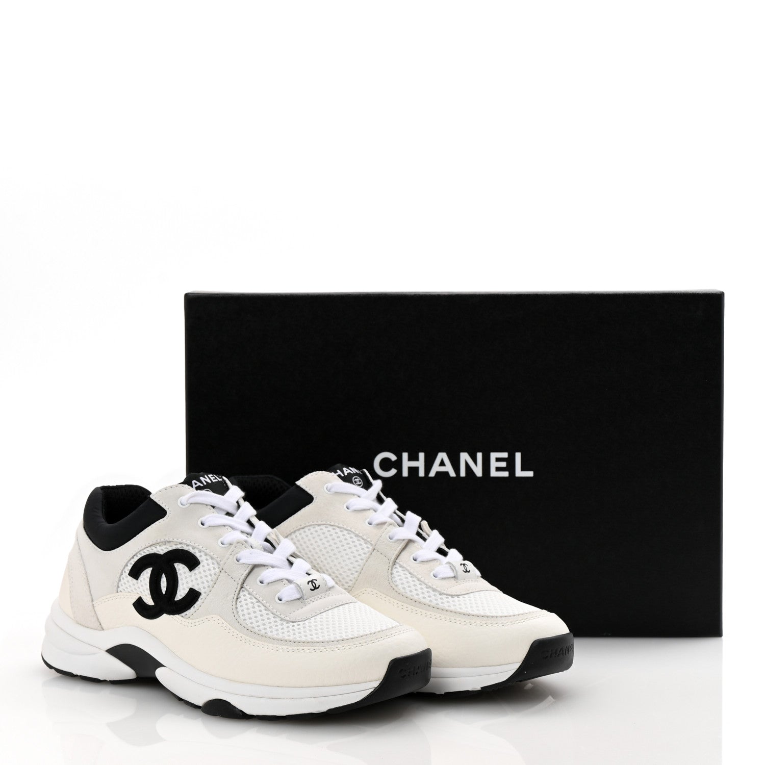 Chanel Mesh Suede Calfskin Grained Calfskin Womens CC Sneakers 37.5 White Black 10 of 10