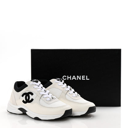 Chanel Mesh Suede Calfskin Grained Calfskin Womens CC Sneakers 37.5 White Black 10 of 10