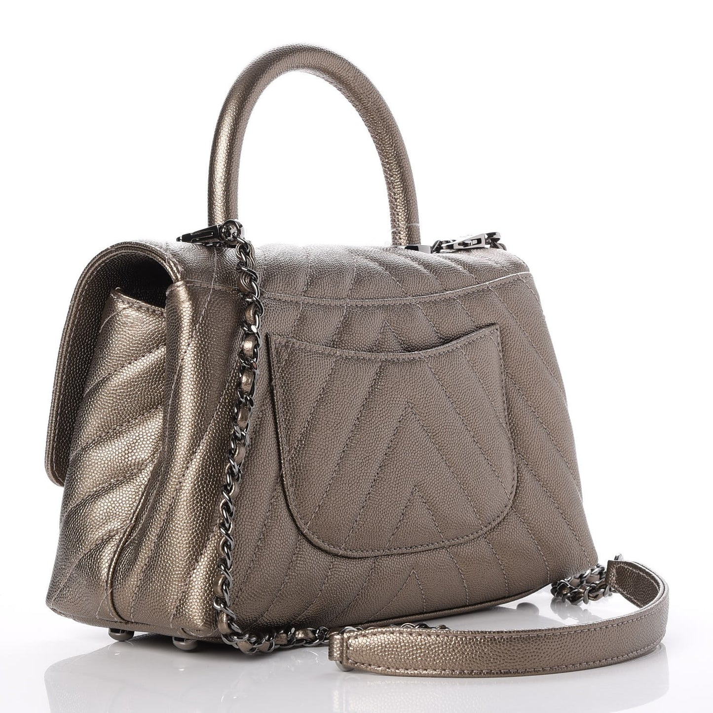 Metallic Caviar Chevron Quilted Mini Coco Handle Flap Light Gold