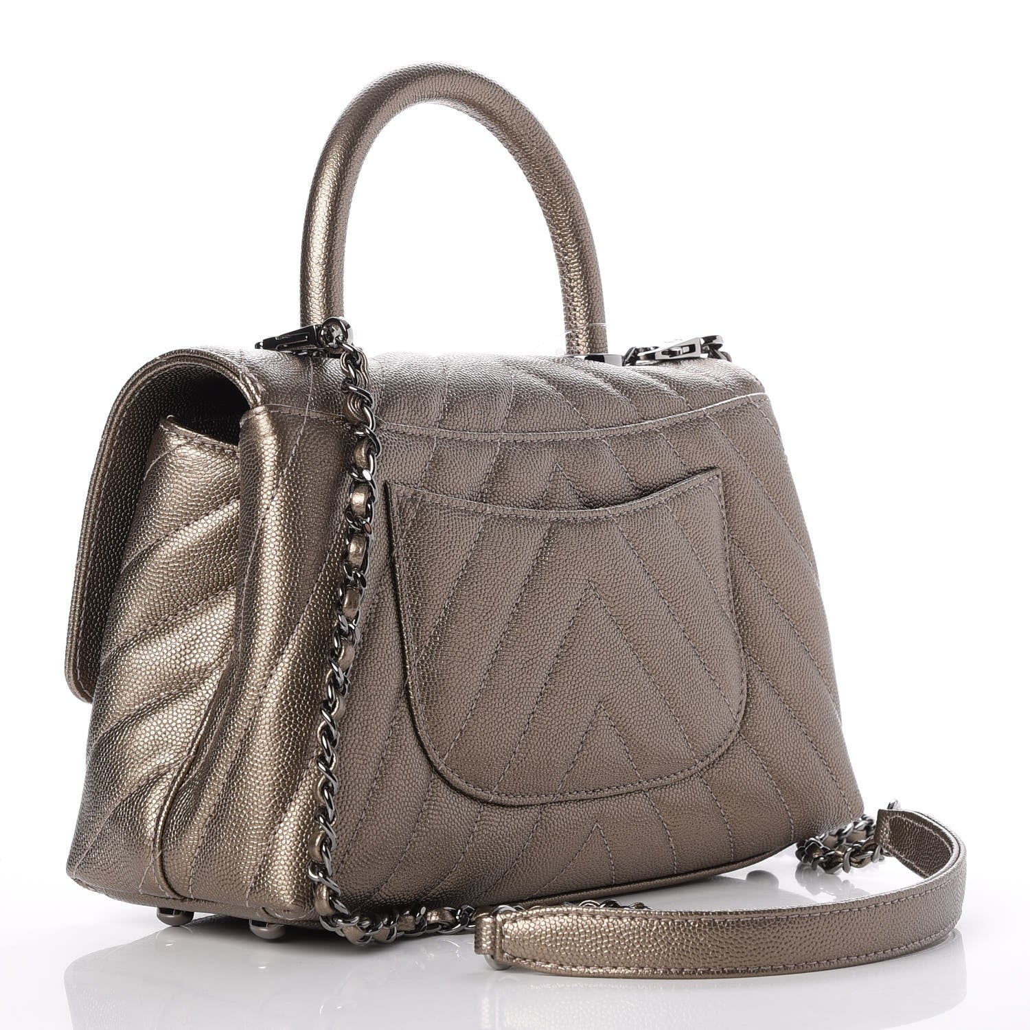 Chanel Metallic Caviar Chevron Quilted Mini Coco Handle Flap Light Gold 3 of 8