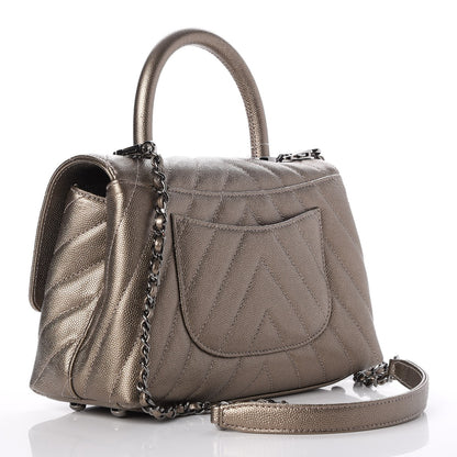 Chanel Metallic Caviar Chevron Quilted Mini Coco Handle Flap Light Gold 3 of 8